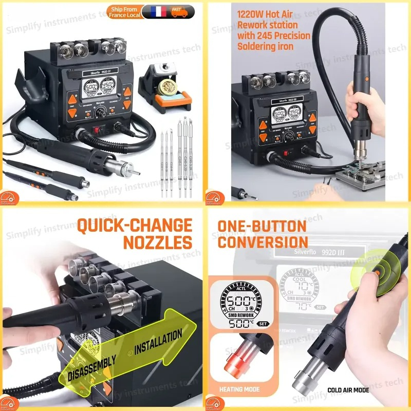 C210 Precision Soldering Station - Silverflo 992D III 1220W はんだ付けステーション、精密熱風リワークシステム搭載、C210 C245はんだごて対応