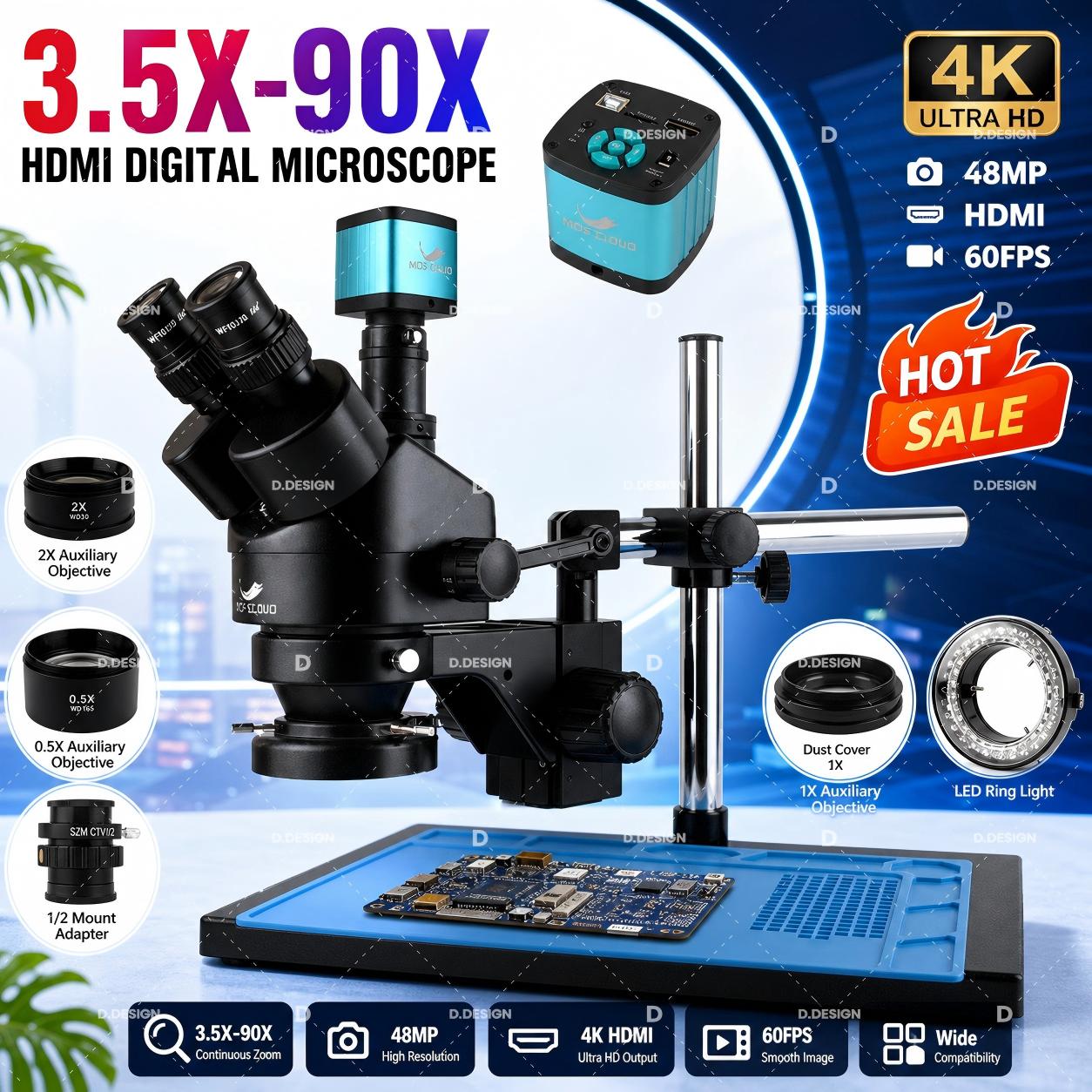 Simul-Focal Industrial Microscope 4K Hdmi - 3.5X-100X 工業用ラボ用同時焦点調整可能なステレオ三眼顕微鏡 + 12MP 48MP 4K