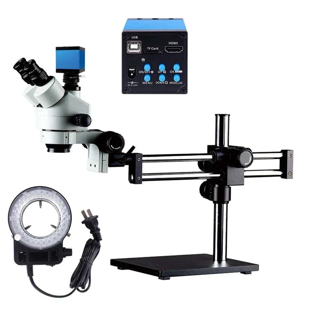 Trinocular Stereo Microscope 7X-45X - 2026/ステディベースダブルブームスタンド顕微鏡 7X-45Xズーム三眼実体顕微鏡 16MPデジタルカメラ LEDライト ズームフレーム