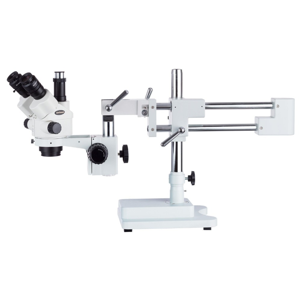 Trinocular Stereo Microscope 7X-45X - AmScope SM-4シリーズ シミュルフォーカル ロック式ズーム三眼実体顕微鏡 7X-45X ダブルアームブームスタンド付き